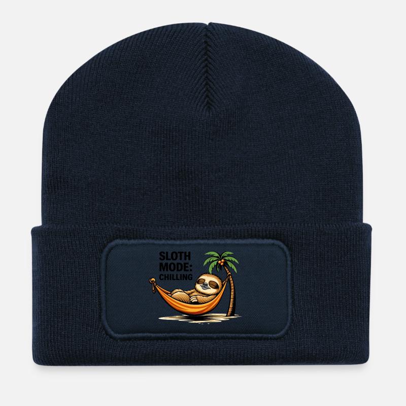 Relaxing Sloth in Tropical Hammock - Recycled Patch Beanie - french navy