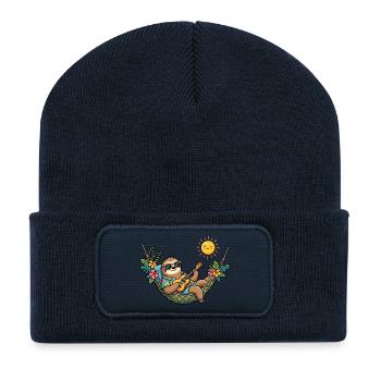 Sloth in hammock makes summer vacation beach - Recycled Patch Beanie - french navy - Front