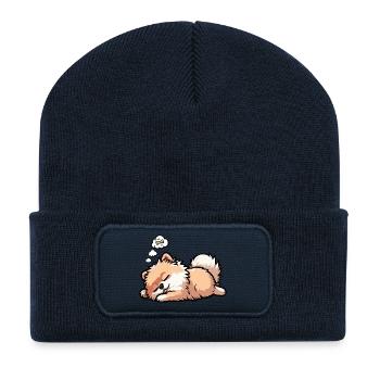 Poméranien Poméranien Spitz Chien Miniature Spitz Holder - Beanie recyclé à patch - bleu marine - Devant