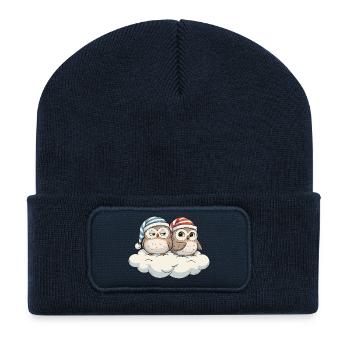 Wolkenduo Eulen mit Zipfelmützen - Recycelte Patch Beanie - French Navy - Vorne