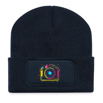 Appareil photo rétroonde - Beanie recyclé à patch - bleu marine - Devant
