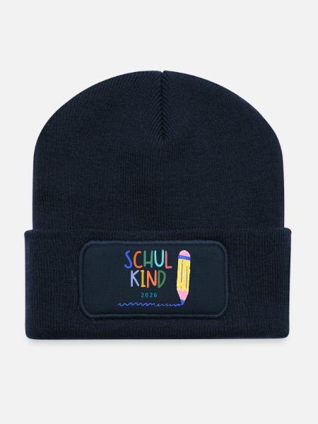 Schulkind 2026 bunte Schrift - Buntstift - Recycelte Patch Beanie - French Navy