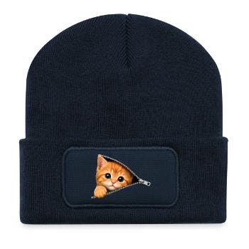 Cute Kitten Zipper Cat - Recycled Patch Beanie - french navy - Front