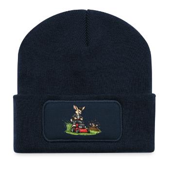 Hase auf Rasenmäher – witziges Waldduo - Recycelte Patch Beanie - French Navy - Vorne