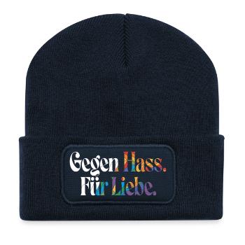 Liebe statt Hass Spruch Positivity Statement - Recycelte Patch Beanie - French Navy - Vorne
