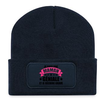 je suis une maman géniale et je déchire grave - Beanie recyclé à patch - bleu marine - Devant