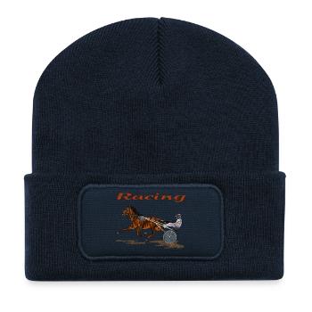 Cheval de course avec jockey et trotteur - Beanie recyclé à patch - bleu marine - Devant