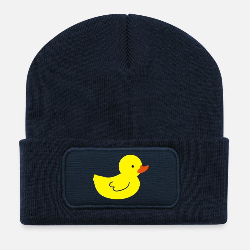 Canard en caoutchouc joyeux: une touche de jaune - Beanie recyclé à patch - bleu marine
