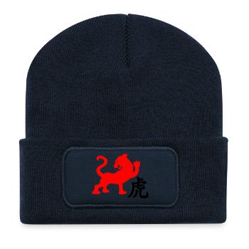 Tigre à caractère chinois avec image de tigre rouge - Beanie recyclé à patch - bleu marine - Devant