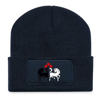 Two horses black and white with three hearts - Recycled Patch Beanie - french navy - Front