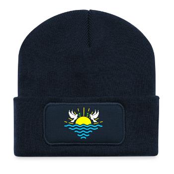 Sonnenuntergang zwei weiße Tauben - Recycelte Patch Beanie - French Navy - Vorne