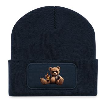 Biker Teddybär mit Bier - Recycelte Patch Beanie - French Navy - Vorne