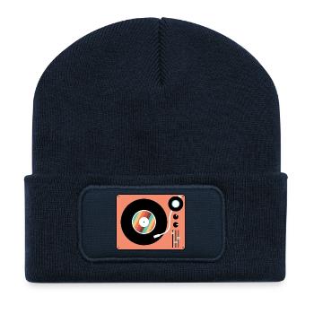 Retro Plattenspieler Vintage Vinyl Plattenspieler - Recycelte Patch Beanie - French Navy - Vorne