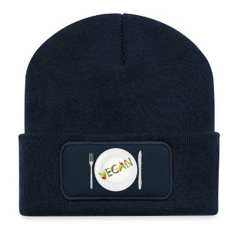 Assiette avec lettrage VEGAN à base de fruits et légumes - Beanie recyclé à patch - bleu marine - Devant