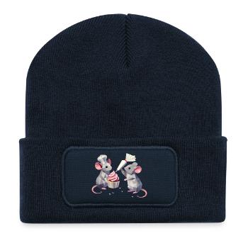 Two cute mice decorating a cupcake together - Recycled Patch Beanie - french navy - Front