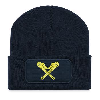 Plumbing services icon symbol, pipe wrench sign - Recycled Patch Beanie - french navy - Front