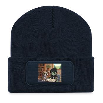 Mignon ami livre fantastique avec chien - Beanie recyclé à patch - bleu marine - Devant