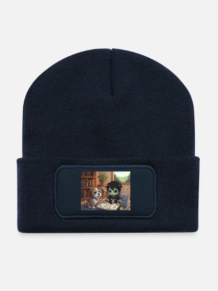 Cute fantasy book friend with dog - Recycled Patch Beanie - french navy