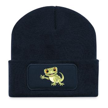 Lustiger lächelnder, einladender Gecko - Recycelte Patch Beanie - French Navy - Vorne