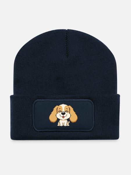 Cute dog head with cheerful expression - Recycled Patch Beanie - french navy