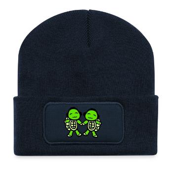 2 Turtles Hands Holding Couple Love Headphones - Recycled Patch Beanie - french navy - Front