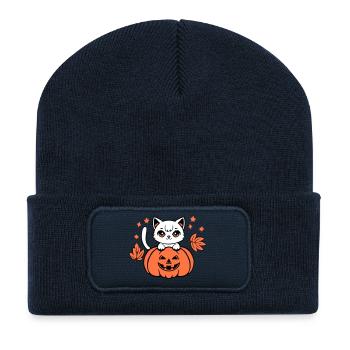 Herbst Katze Weiß Kürbis Ahorn Blatt Süß Halloween - Recycelte Patch Beanie - French Navy - Vorne