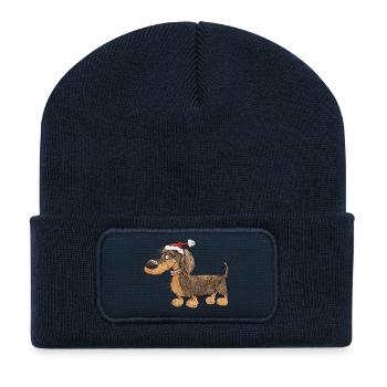 Lustiger Weihnachts-Dackel mit Mütze - Recycelte Patch Beanie - French Navy - Vorne