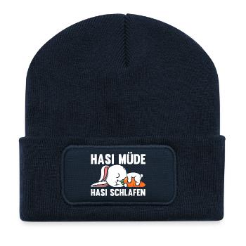 Shlafshirt Hase Hasi Müde Hasi Schlafen - Recycelte Patch Beanie - French Navy - Vorne