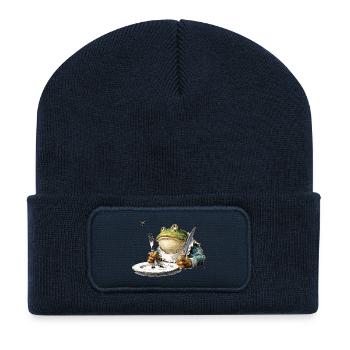 Grenouille galante à la table à manger - Beanie recyclé à patch - bleu marine - Devant