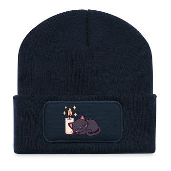 Schlafende schwarze Katze und helle Kerze - Recycelte Patch Beanie - French Navy - Vorne