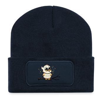 Süßer Kautz auf Ast – Niedliches Eulenmotiv   - Recycelte Patch Beanie - French Navy - Vorne
