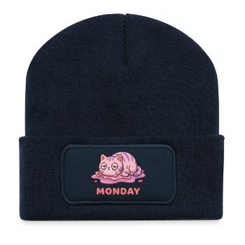 Ich hasse Montage – süße erschöpfte Katze - Recycelte Patch Beanie - French Navy - Vorne