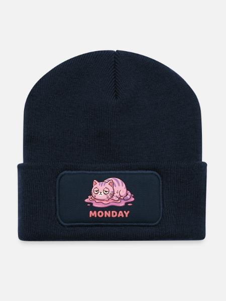 I Hate Mondays - Cute Exhausted Kitty - Recycled Patch Beanie - french navy