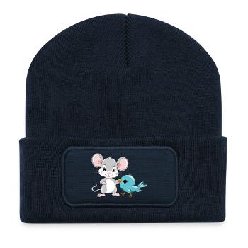 Little_mouse_and_blue_birdie_are_best_friends - Recycled Patch Beanie - french navy - Front
