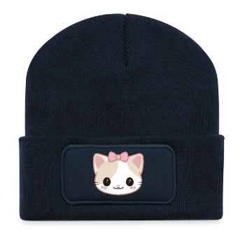Kawaii Manga Katzen-Süßes Gesicht - Recycelte Patch Beanie - French Navy - Vorne