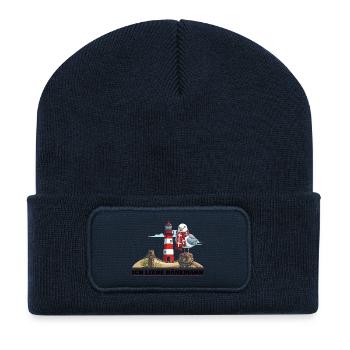 Leuchtturm Möwe mit Schal - Recycelte Patch Beanie - French Navy - Vorne