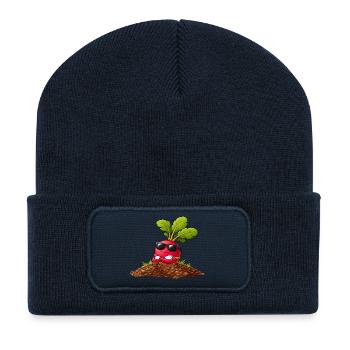 Cooles Radieschen mit Sonnenbrille und Kette  - Recycelte Patch Beanie - French Navy - Vorne