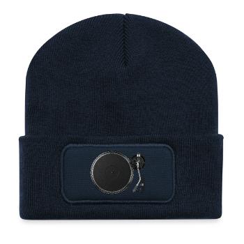 Disque vinyle vinyle minimaliste à platine - Beanie recyclé à patch - bleu marine - Devant