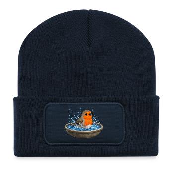 Robin in water bowl - Recycled Patch Beanie - french navy - Front