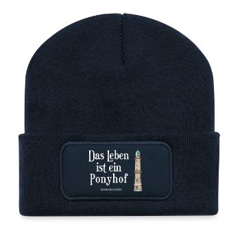 Warnemünde, Leben ist ein Ponyhof, Handzeichnung - Recycelte Patch Beanie - French Navy - Vorne