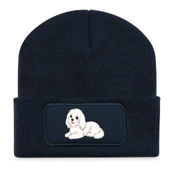Dessin animé du chien blanc en poils - Beanie recyclé à patch - bleu marine - Devant