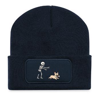 Halloween, Französische Bulldogge, Skelett - Recycelte Patch Beanie - French Navy - Vorne