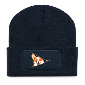 Corgi Hund Reißverschluss - Recycelte Patch Beanie - French Navy - Vorne
