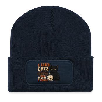 Ich mag Katzen und Kaffee und vielleicht drei Leute - Recycelte Patch Beanie - French Navy - Vorne