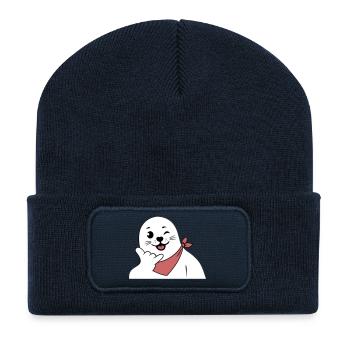 Phoque clignant de l’œil portant un bandana Signe shaka lancé - Beanie recyclé à patch - bleu marine - Devant