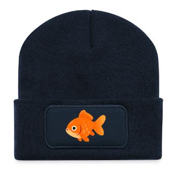 Sunny Orange Goldfish Illustration - Recycled Patch Beanie - french navy - Front
