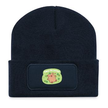 Niedlicher Capy Go Lucky Capybara Vierblattklee-Patch - Recycelte Patch Beanie - French Navy - Vorne