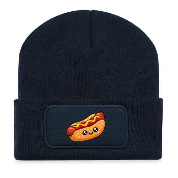 Kawaii Hotdog mit Kulleraugen - Recycelte Patch Beanie - French Navy - Vorne