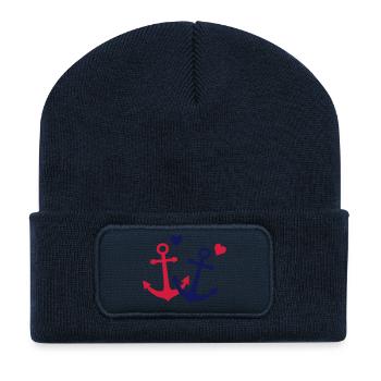 2 anchors with heart lovers symbol - Recycled Patch Beanie - french navy - Front