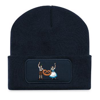 Bayrisches Paar mit Riesenbrezel - Recycelte Patch Beanie - French Navy - Vorne